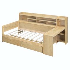 a wooden bed frame with drawers underneath it