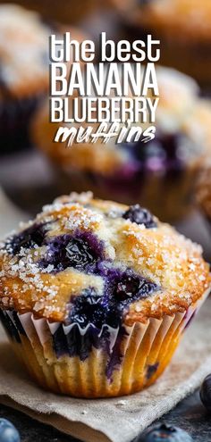 blueberry muffins with powdered sugar on top and the words, the best banana blueberry muffins