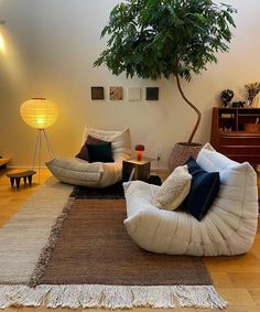 a living room filled with furniture and a tree in the corner on top of a rug