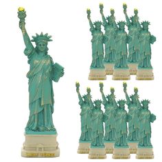 the statue of liberty is shown in four different poses, including one holding an apple