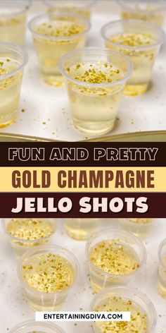 gold champagne jello shots in plastic cups with confetti sprinkles