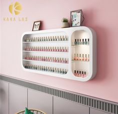 Nail salon tools equipment, shelf for nail polish. Nail Polish Wall Rack, Wall Mounted Display Case, Nail Polish Shelf, Perfume Storage, Wall Nails, Nail Polish Rack, Polish Display, Nail Salon Decor, Cabinet Shelf