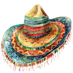 a watercolor drawing of a colorful hat with fringes on the brim and sides