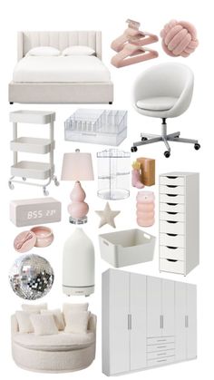 a collage of white furniture and accessories including a bed, chair, desk, dresser, mirror, lamp