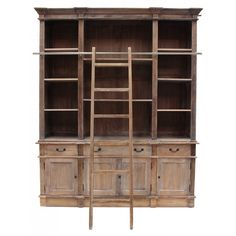 an old wooden bookcase with drawers and ladders on the front, against a white background