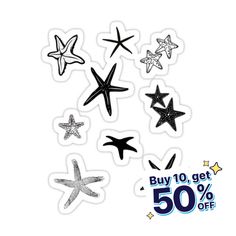 an assortment of starfish stickers on a white background with the words buy 10 get 50 % off