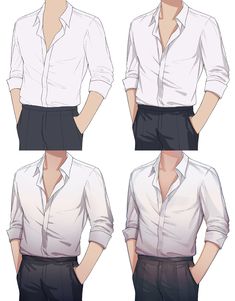 three different views of a man's white shirt and black pants with his hands on his hips