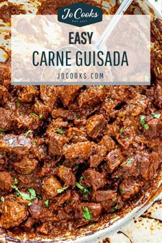 an easy carne gusada recipe in a skillet with the title overlay