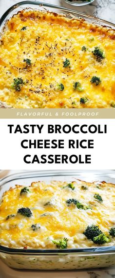 broccoli cheese rice casserole in a glass baking dish with text overlay