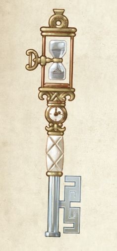 an illustration of a clock on top of a metal pole with two keys attached to it