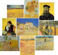 several paintings of different styles and colors are shown in this collage, including sunflowers