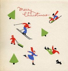 an old christmas card with skiers and trees on the front, in red blue and green