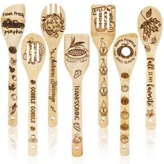 six wooden spoons with different types of food and spices engraved on them, all lined up against a white background