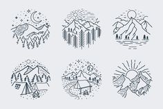 six hand drawn mountains and trees