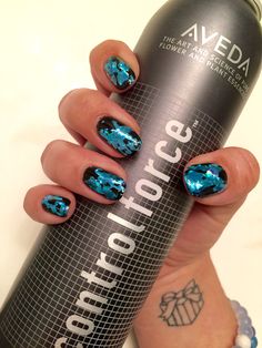 CND Shellac in Black Pool with geometric turquoise foil shattered over the nail. Black Pool, Gorgeous Nails, Nails Design, Nail Tech, Sapphire Ring, Art Ideas