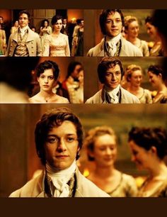 several pictures of people dressed in period clothing and with different facial expressions, including one man looking at the woman's face