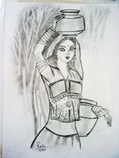 a drawing of a woman carrying a pot on her head