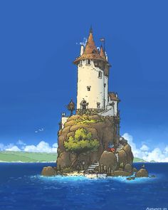 an image of a castle on top of a small island in the middle of the ocean