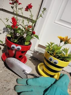 two potted plants with eyes, one holding a gardening spatula and the other wearing gloves