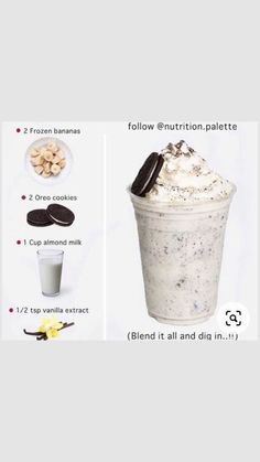 an ice cream dessert in a cup with cookies and milk on top, along with instructions for how to make it