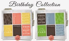 two pieces of paper with the words happy birthday collection on them and some type of cake