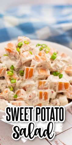 sweet potato salad in a white bowl with the words sweet potato salad above it and an image of carrots