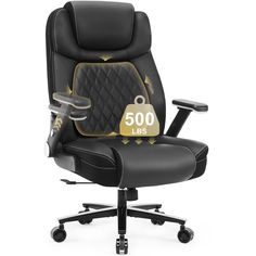 a black office chair with gold trimmings on the back and seat padding