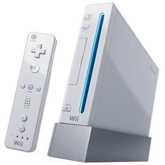 an image of a nintendo wii game system with remotes on it's side