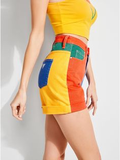 GUESS x J Balvin High-Rise Color-Block Denim Shorts Kidcore Fashion, 90s Theme Party Outfit, Designs Aesthetic, Teacher Attire, Colour Blocking Fashion, Imagine Dragons, Stylish Dress Designs, Themed Outfits, College Outfits