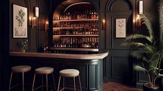 a bar with stools and shelves filled with bottles on the wall next to a potted plant