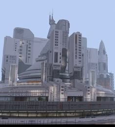 a futuristic city with skyscrapers and train tracks