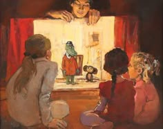 three children sitting in front of a window looking at something on the screen with a stuffed animal behind them