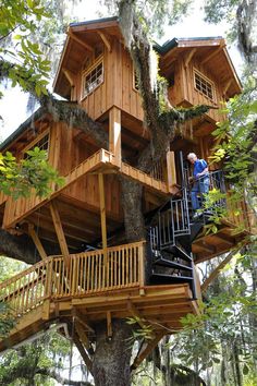 a tree house built into the side of a large oak tree with people standing on it