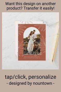 a card with an image of a couple on it and the text, want this design on another product? transfer it easily tap / click, personalize - designed by nontown