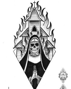 a black and white drawing of a skeleton in front of a church with flames around it