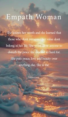 the quote for empath woman is shown in front of an image of waves and sunset