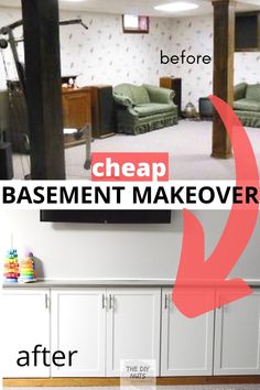 before basement picture with after basement with text cheap basement makeover Small Basement Remodel On A Budget, Basement Family Room Ideas On A Budget, Family Friendly Basement Ideas, Inexpensive Basement Ideas, Turn Basement Into Apartment, Basement Update On A Budget, Basement Colors Ideas Wall, Updated Basement Ideas, Functional Basement Ideas