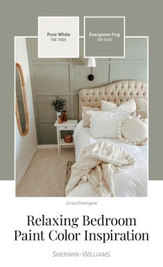 a bedroom with white walls and beige bedding, along with the words relaxing bedroom paint color inspiration