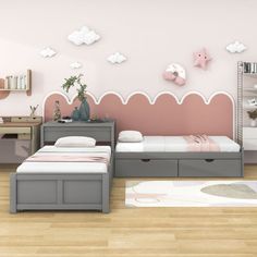 a bedroom with pink walls and white clouds painted on the wall, two twin size beds