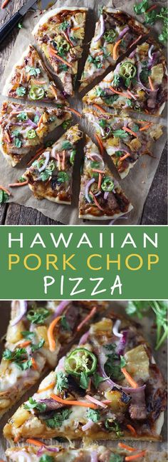 the hawaiian pork chop pizza is cut into slices