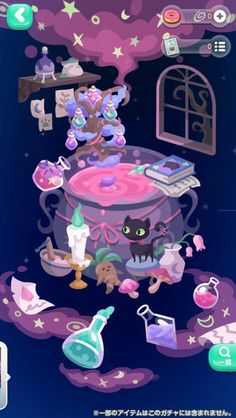 an animated game with many items on the table and in the background, there is a cat