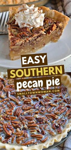 easy southern pecan pie with whipped cream and pecans in the crust on top