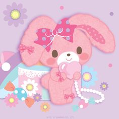 a cute pink bunny holding a pacifier in her right hand and flowers around it