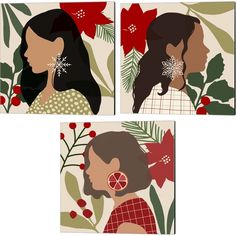 three different images of women with christmas decorations on their heads and in the background are poinsettis