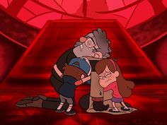 an animated image of two people hugging in front of a red background