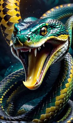 a green and yellow snake with its mouth open