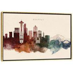 the seattle skyline in watercolor on a white background