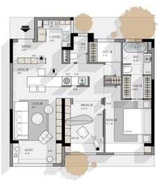 the floor plan for a two bedroom apartment with an attached bathroom, living room and dining area