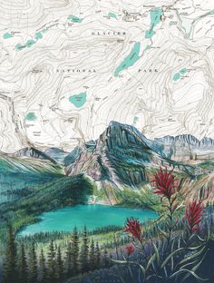 a map with mountains, lakes and trees in the foreground is an image of a mountain range