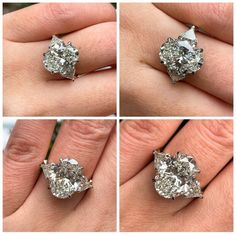 four different views of a diamond ring on someone's hand, showing the center stone